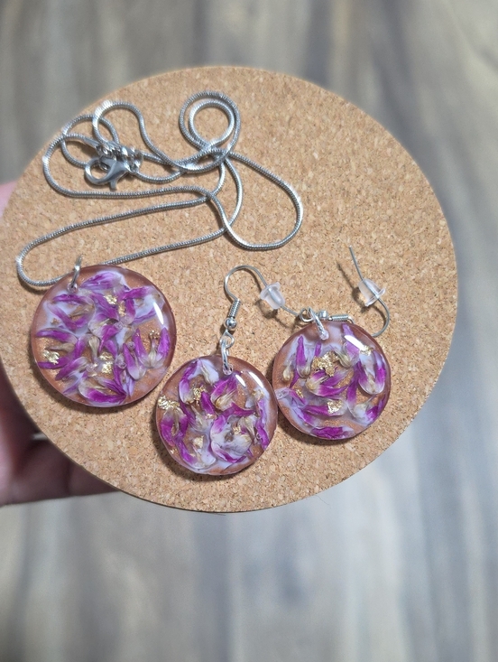 Jewelry - Handmade Purple Flower Resin Necklace & Earring Set